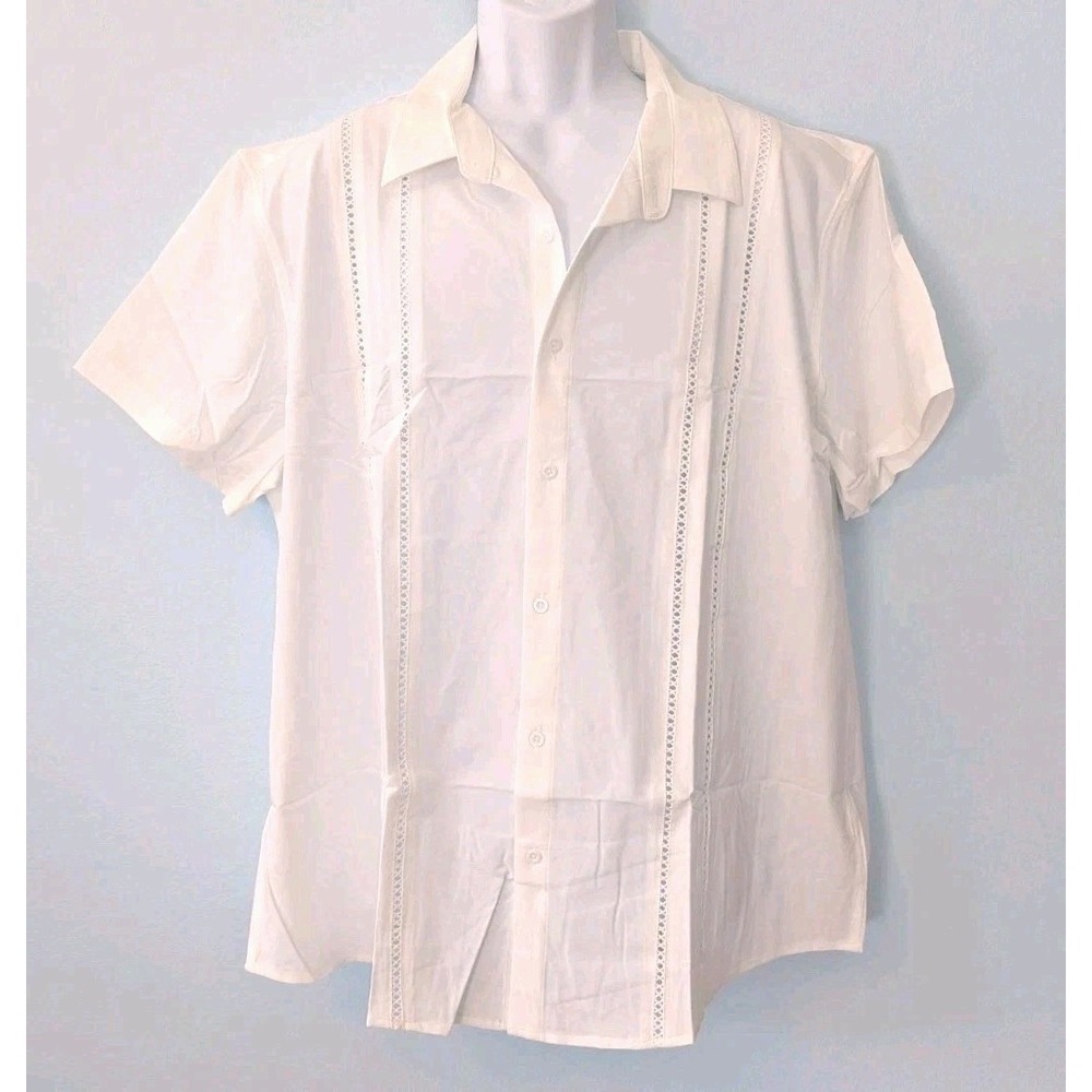 Coofandy Cuban Guayabera Shirt Men's 3XL Cream Short Sleeve Light Weight NEW